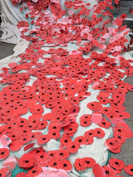 Picture of the poppy wall created by pupils at Chosen Hill School, Churchdown, Gloucester