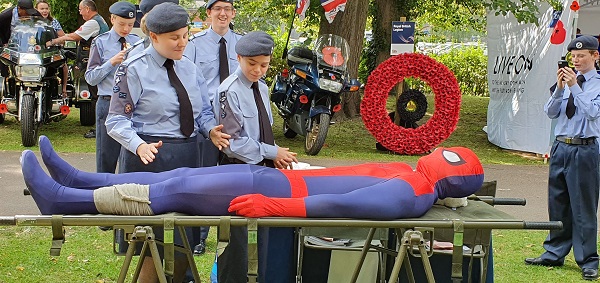 Picture of Cadets bandaging Spiderman