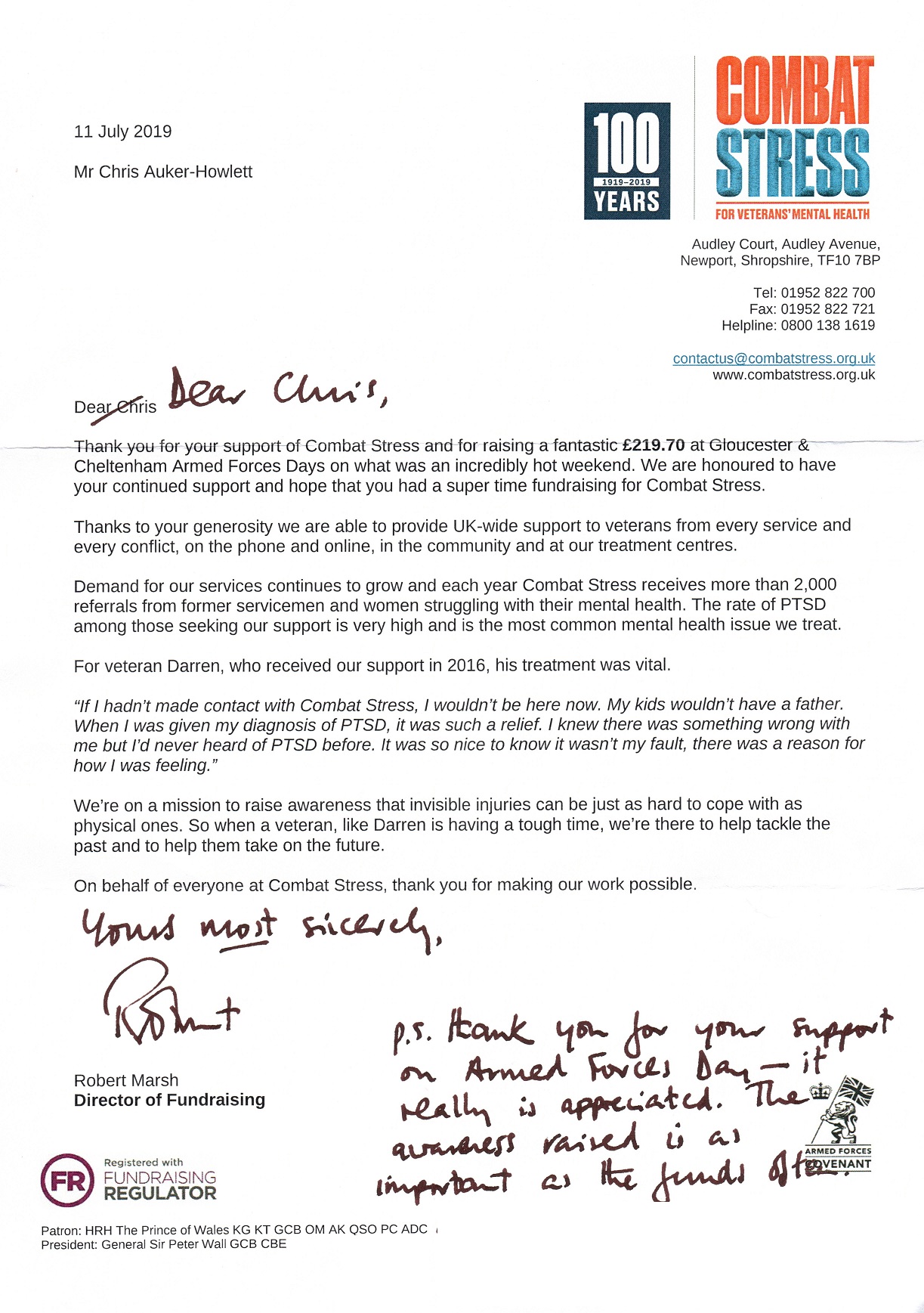 acknowledgement letter from Combat Stress for the £219.70 raised at both events