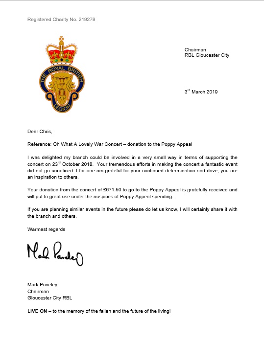 Royal British Legion acknowledgement letter for receipt of donation for £671.50